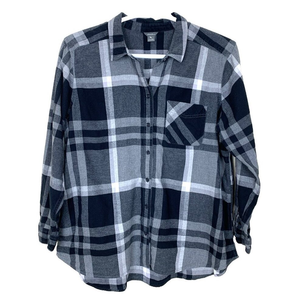 Eddie Bauer Womens 2XL Plaid Button Up Long Sleeve Shirt Gray Black Plaid Fall